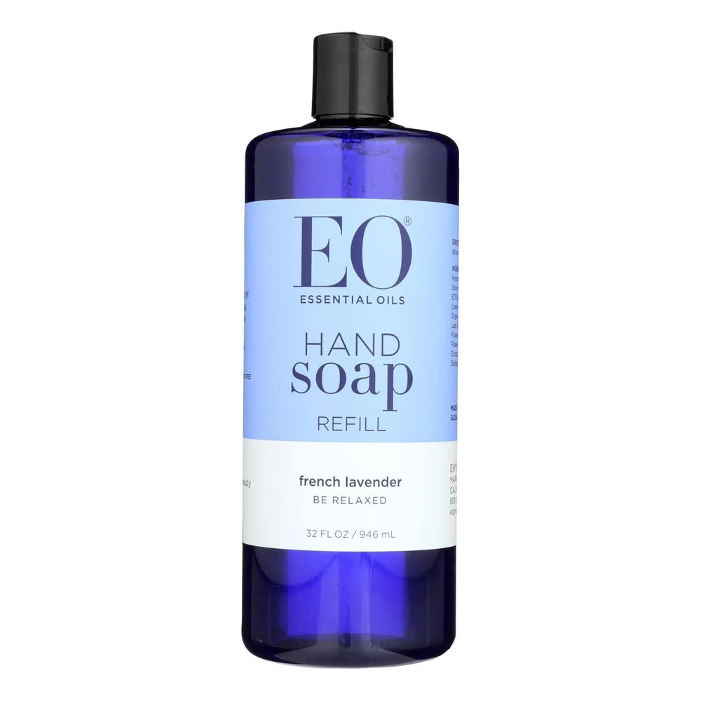 EO Jabon de manos Lavanda Francesa, botella visible, limpieza suave para uso diario.