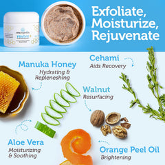 Era Organics exfoliante facial, miel de Manuka e ingredientes clave para la piel.