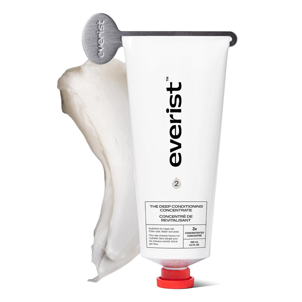 Everist concentrado acondicionador profundo en botella vertiendo ofrece hidratación suave al cabello