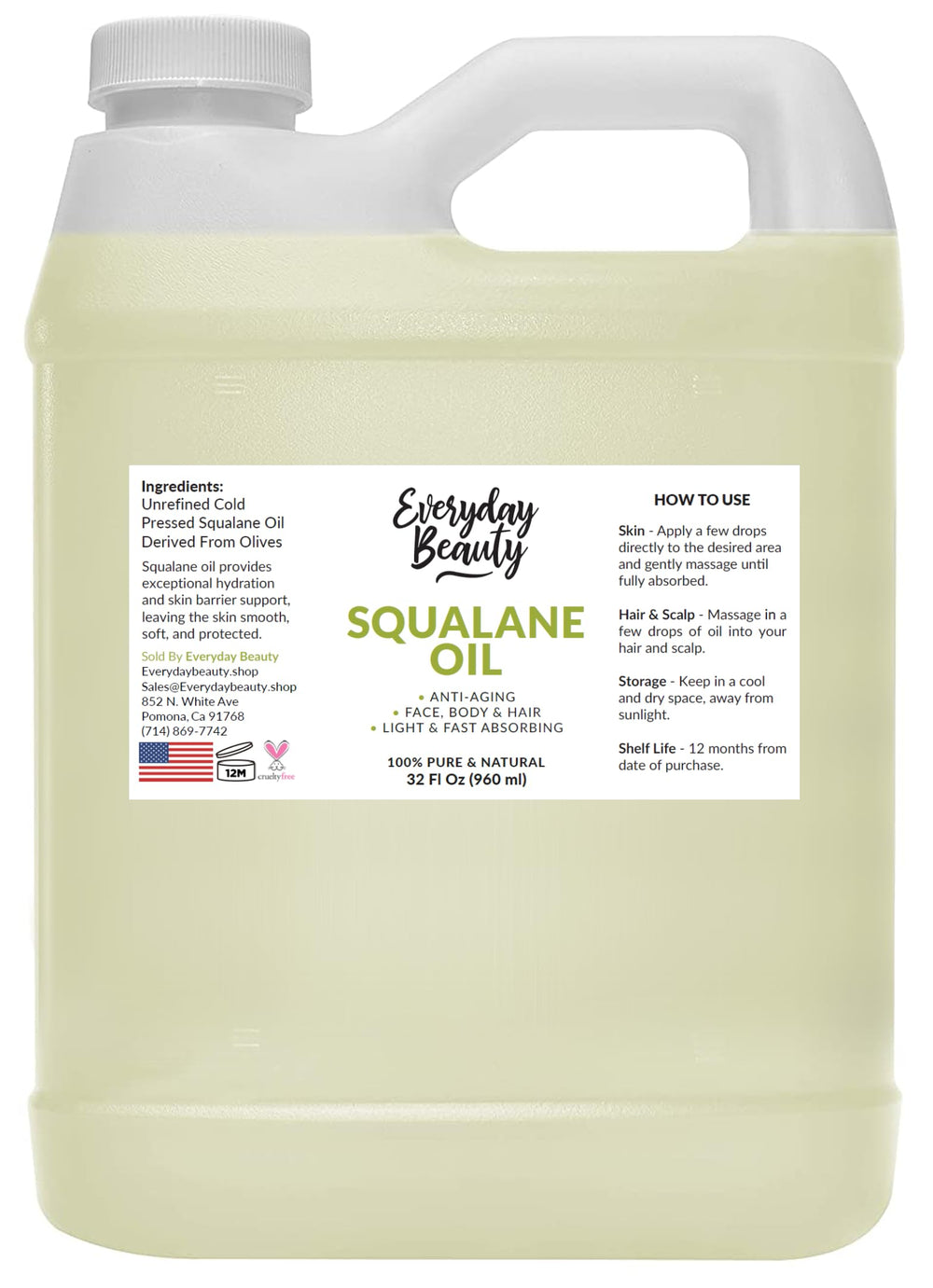 Everyday Beauty Squalane: botella 32oz para hidratación ligera de piel y cabello.