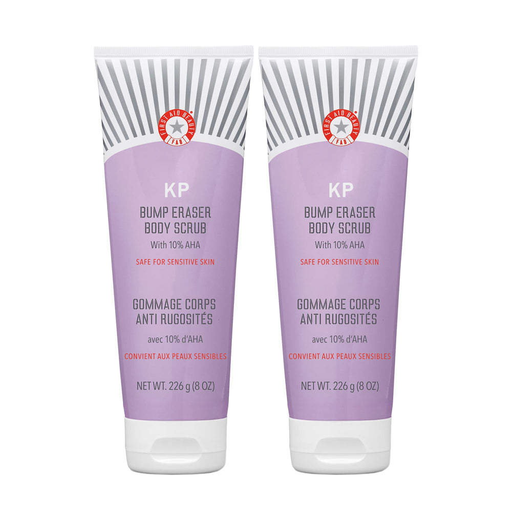FAB exfoliante corporal KP Bump Eraser, frasco visible para piel suave y uniforme