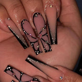 Uñas FIEONCIY largas en forma ataúd negras brillantes para manicura rápida en casa.