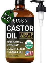 Fiora Naturals aceite de ricino orgánico en botella de cristal para hidratación