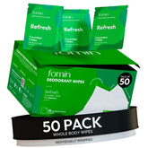 Toallitas desodorantes de viaje FOMIN con pepino y aloe para frescura instantánea.