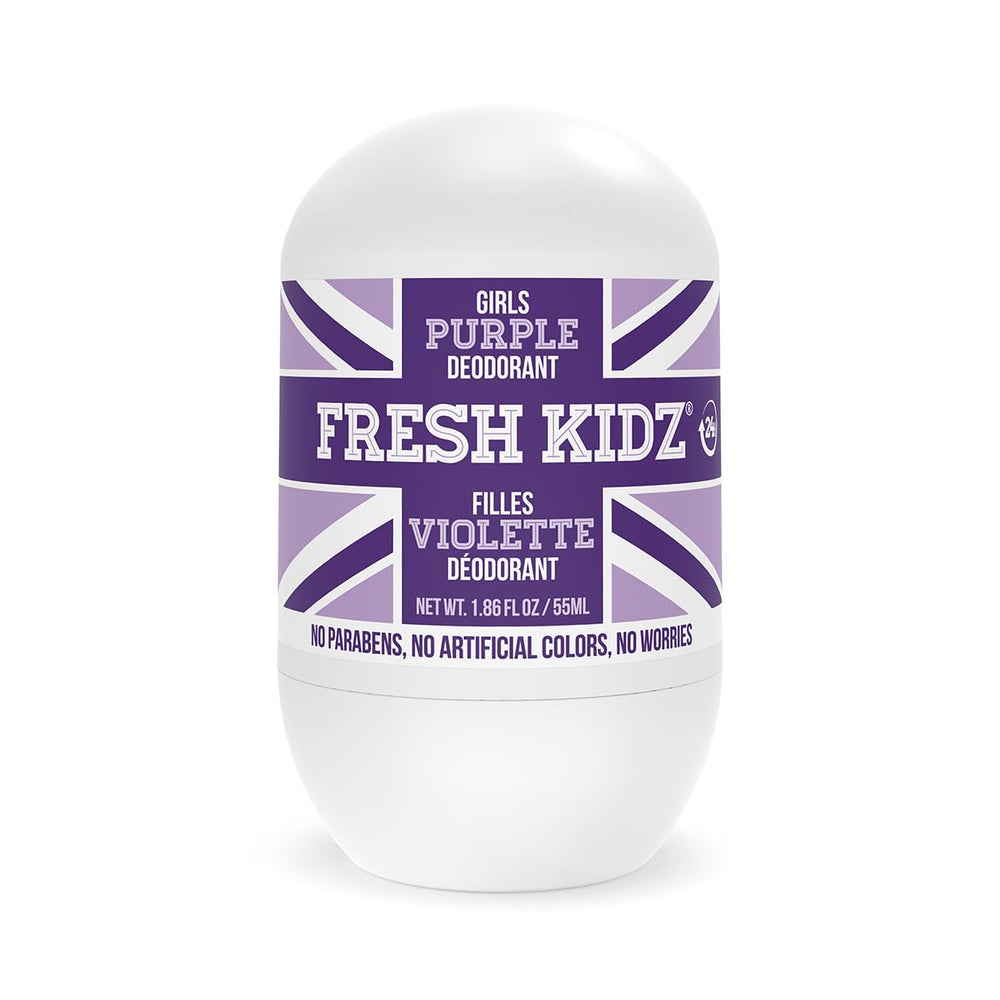 Fresh Kidz Desodorante rodillo para Niña Púrpura 24h, protección duradera para piel sensible.