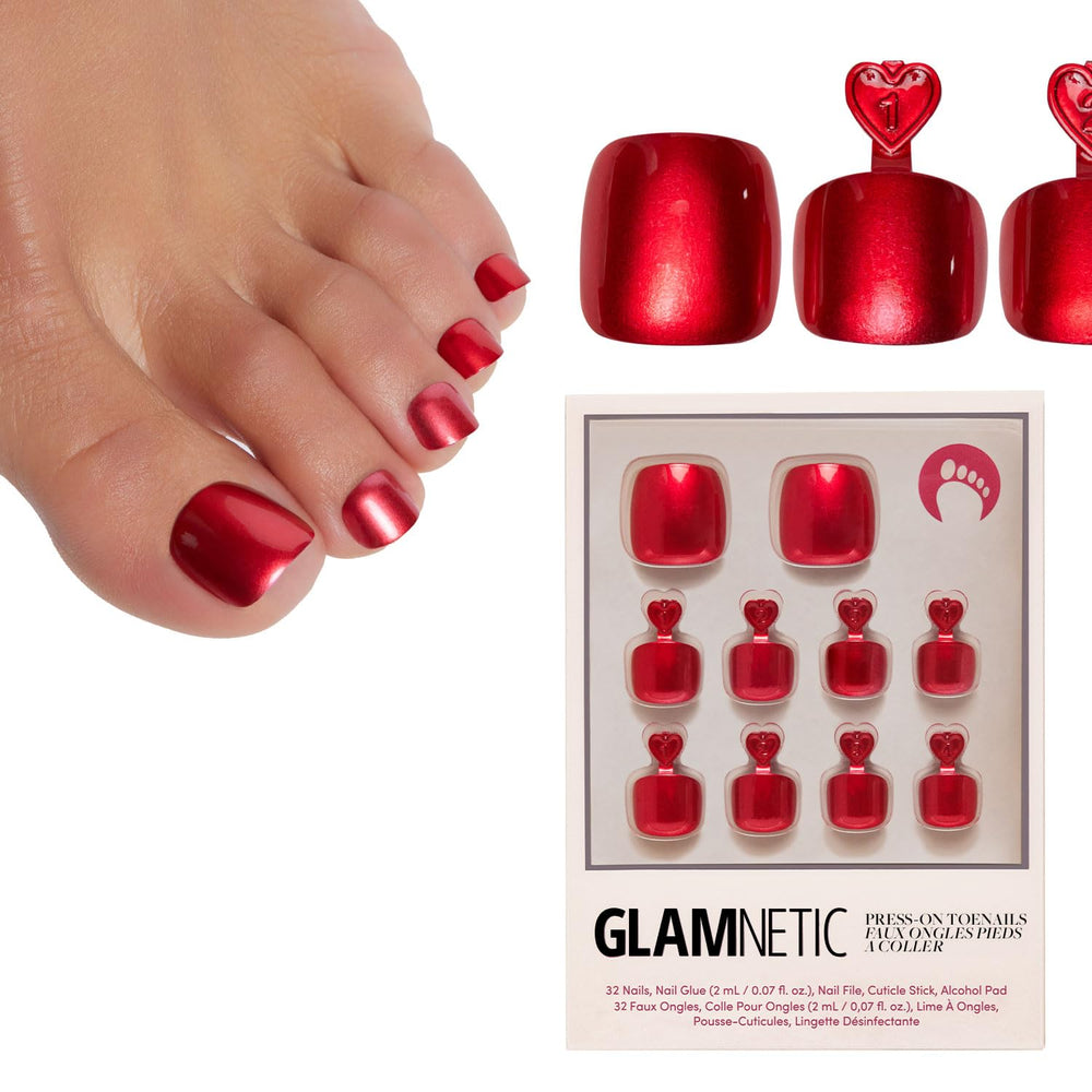 Glamnetic úñas para dedos de pie con acabado glaze en caja práctica para almacenamiento.