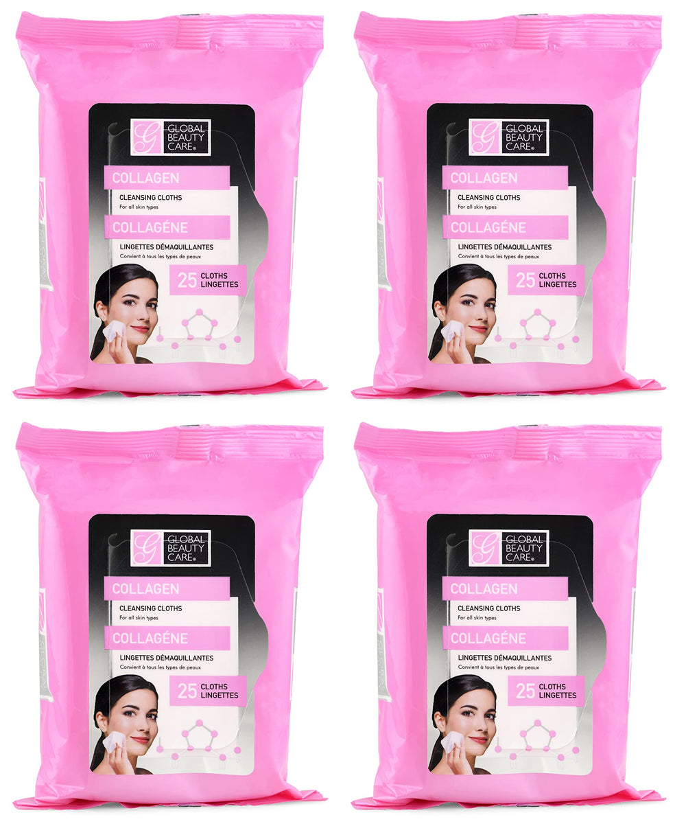 Global Beauty Care toallitas desmaquillantes con colágeno, paquete de 100, uso diario suave y desmaquillante.
