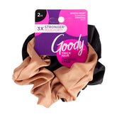 Goody scrunchies satinadas en marrón y negro, agarre seguro para peinados duraderos.