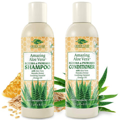 Green Leaf Naturals champú en botella con aloe vera para cuero cabelludo sensible.