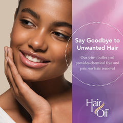 Hair Off Facial Buffer exfoliación suave para piel limpia y renovada.