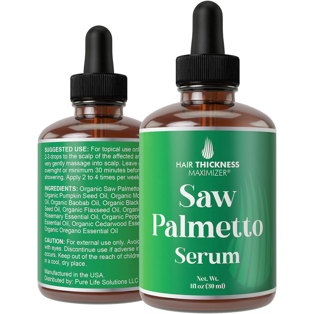 Hair Thickness Maximizer saw palmetto serum bottle for convenient daily scalp care.