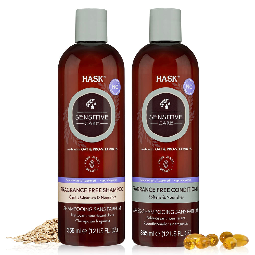 Champú HASK Sensitive Care en botella, limpieza suave para cuero cabelludo sensible.