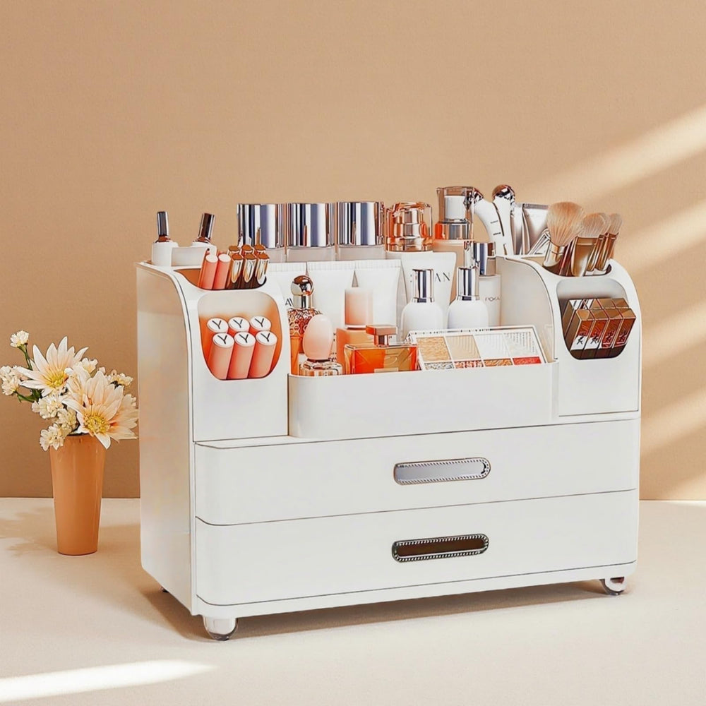 Heaime organizador de maquillaje con cajón superior abierto, ideal para frascos altos de cuidado de la piel