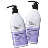 Botella de champú Herbalosophy Biotina y Colágeno para cabello más fuerte.