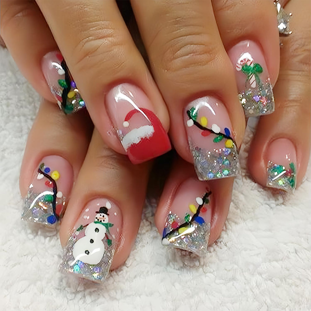 Uñas postizas HREJHDS muneco-nieve, brillo navideño y lista para usar.