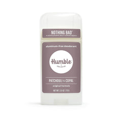 Desodorante HUMBLE BRANDS Patchouli Copal, frente del envase, aroma natural.