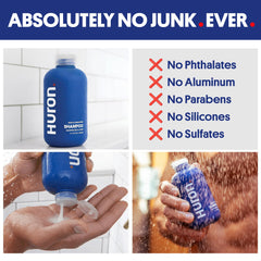 Huron Men's Shampoo in shower close-up captures rich lather and cleansing action