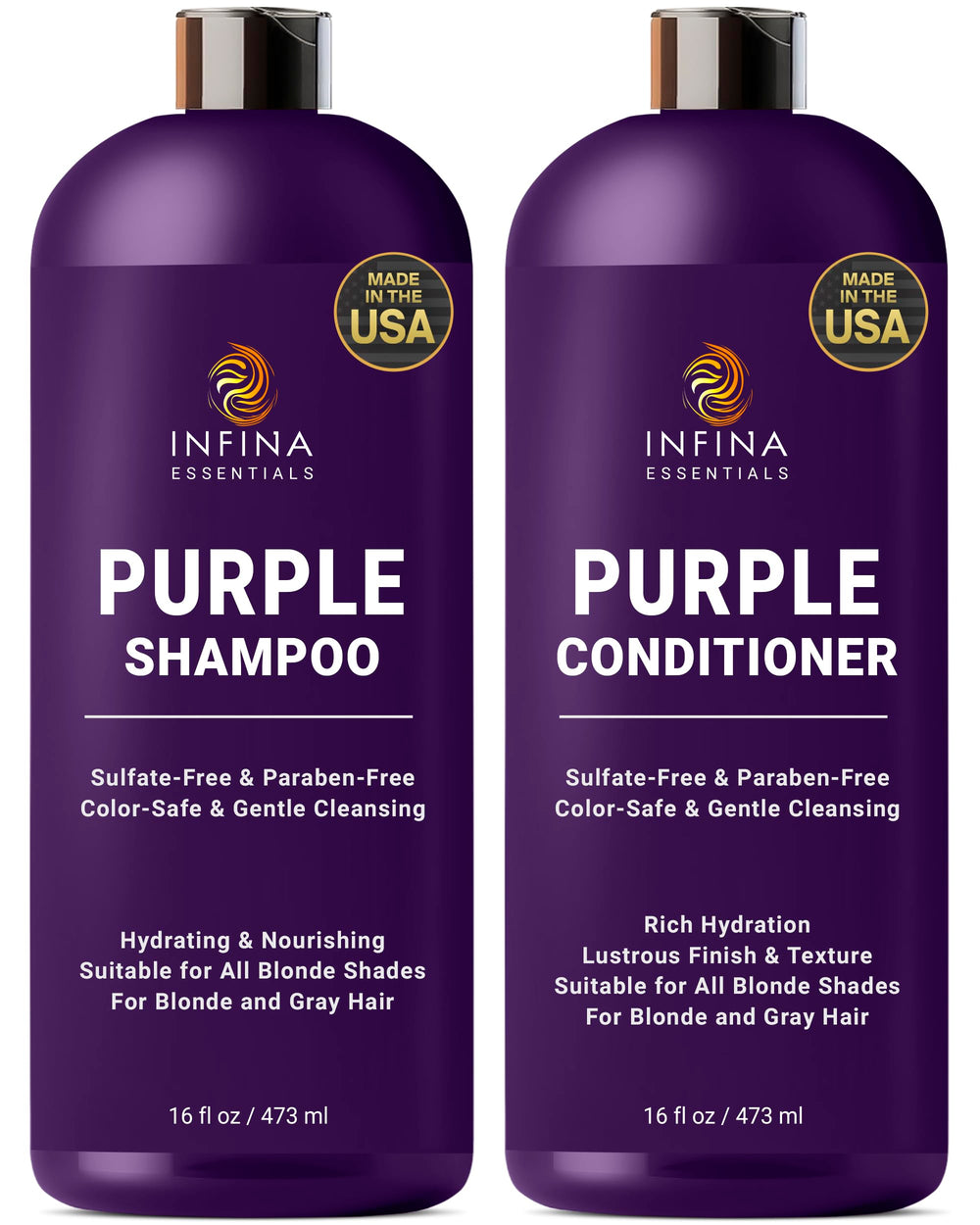 INFINA ESSENTIALS champú púrpura: botella destacada para tono frío y rubio.
