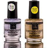 INM Northern Lights Top Coat Duo, botella plateada con brocha, brillo holográfico 3D.