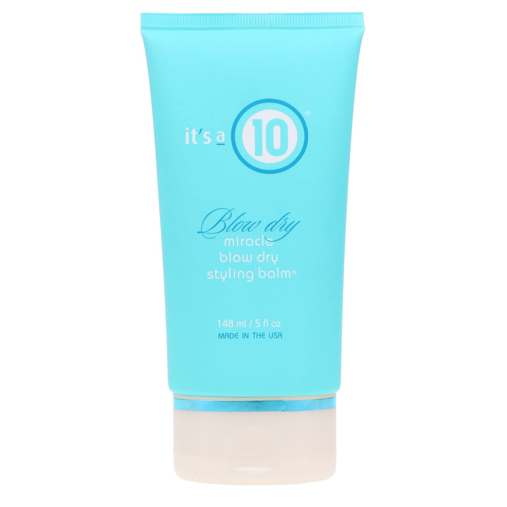 It's a 10 Haircare bálsamo milagro para secado, vista frontal de la botella y cabello suave.