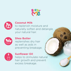 Just For Me Leche para Cabello Natural, ingredientes coco y manteca de karité para nutrición.
