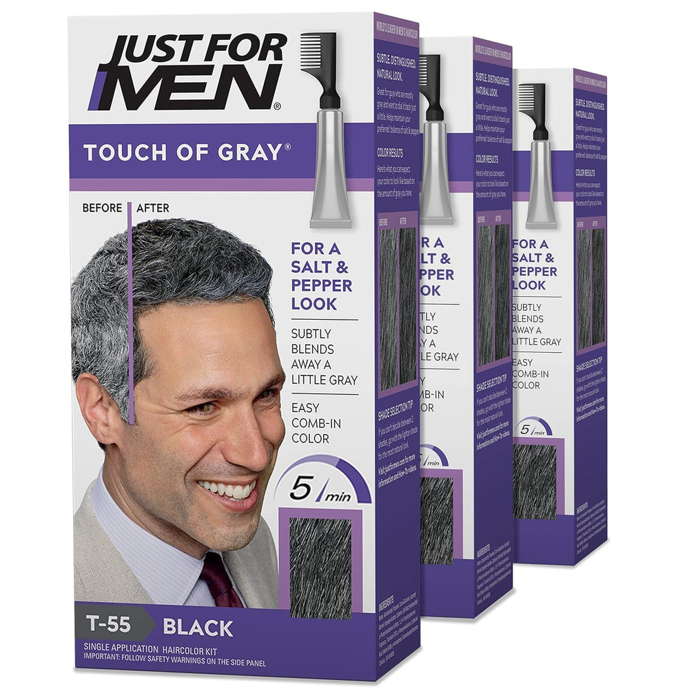 Just for Men Hair Color Touch of Gray en empaque práctico para tres usos.