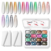 Paleta Karroy Glitter Pat Gel: 16 colores para ombré y brillo holográfico.