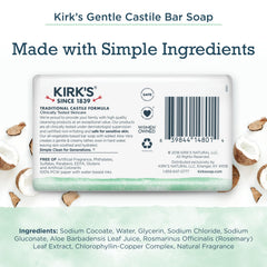 Kirks jabón coco castile aloe vera detalle etiqueta con ingredientes naturales
