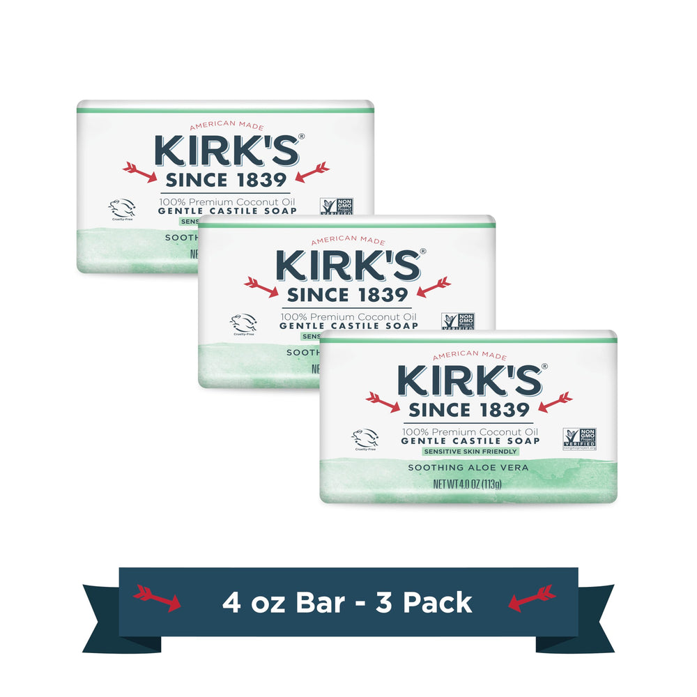 Kirks jabon coco castile aloe vera frente, piel suave tras lavado