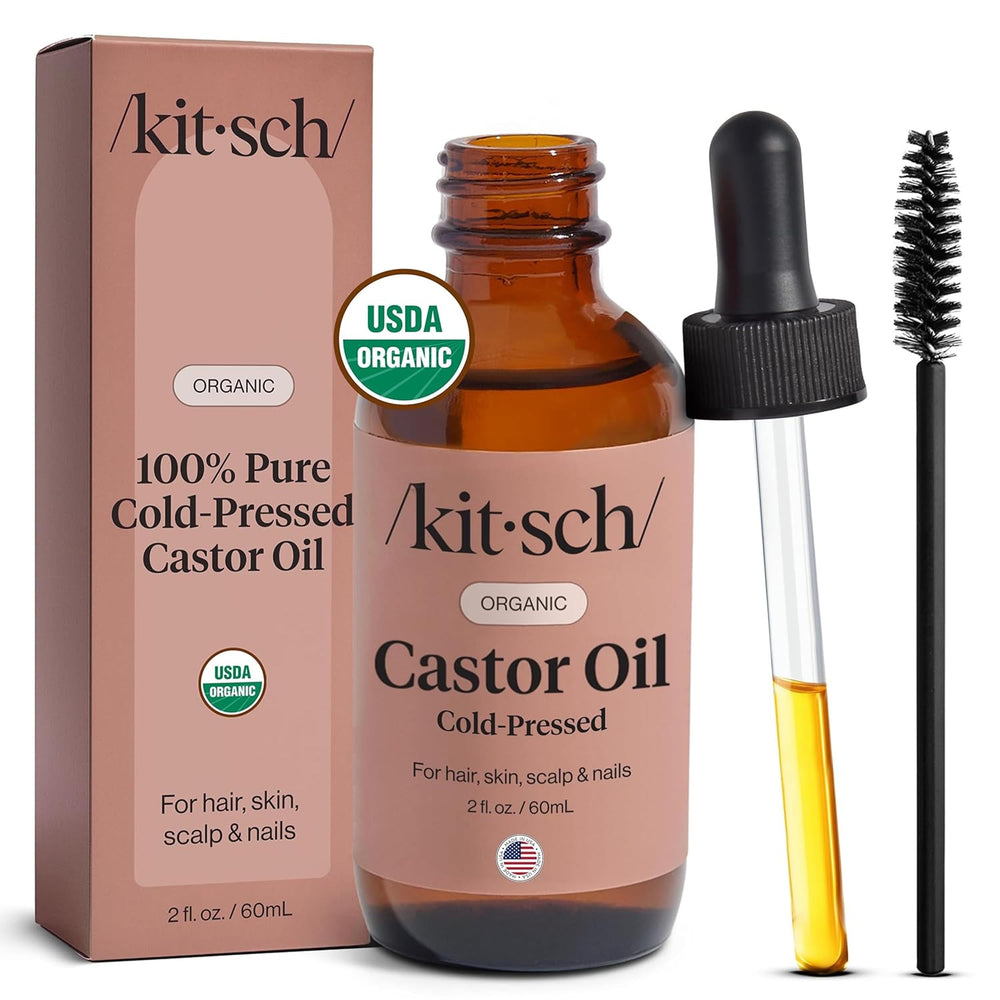 Kitsch aceite de ricino en envase de vidrio para cuidado diario.