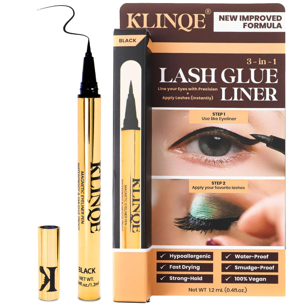 Klinqe delineador negro con pegamento para pestañas, definición precisa.