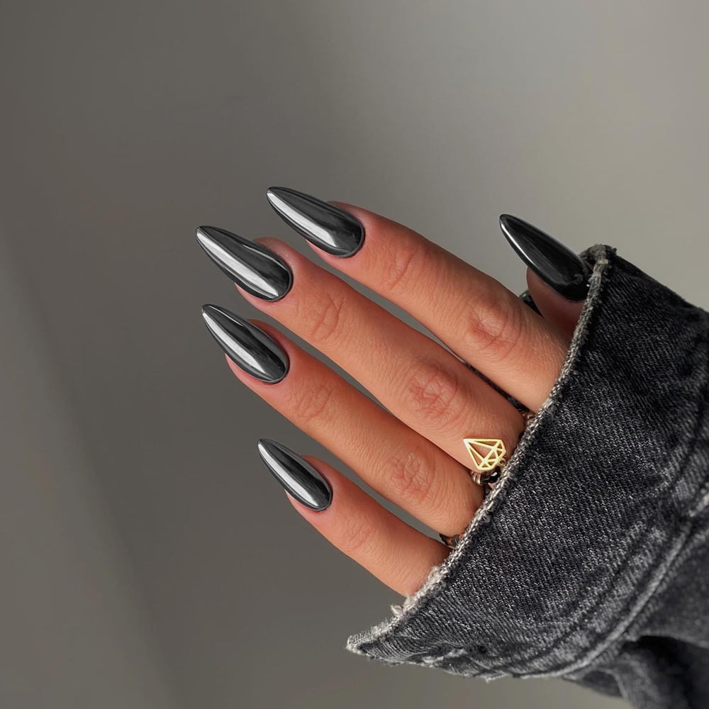 KQueenest uñas postizas cromo espejo, brillo gris ahumado para look diario.
