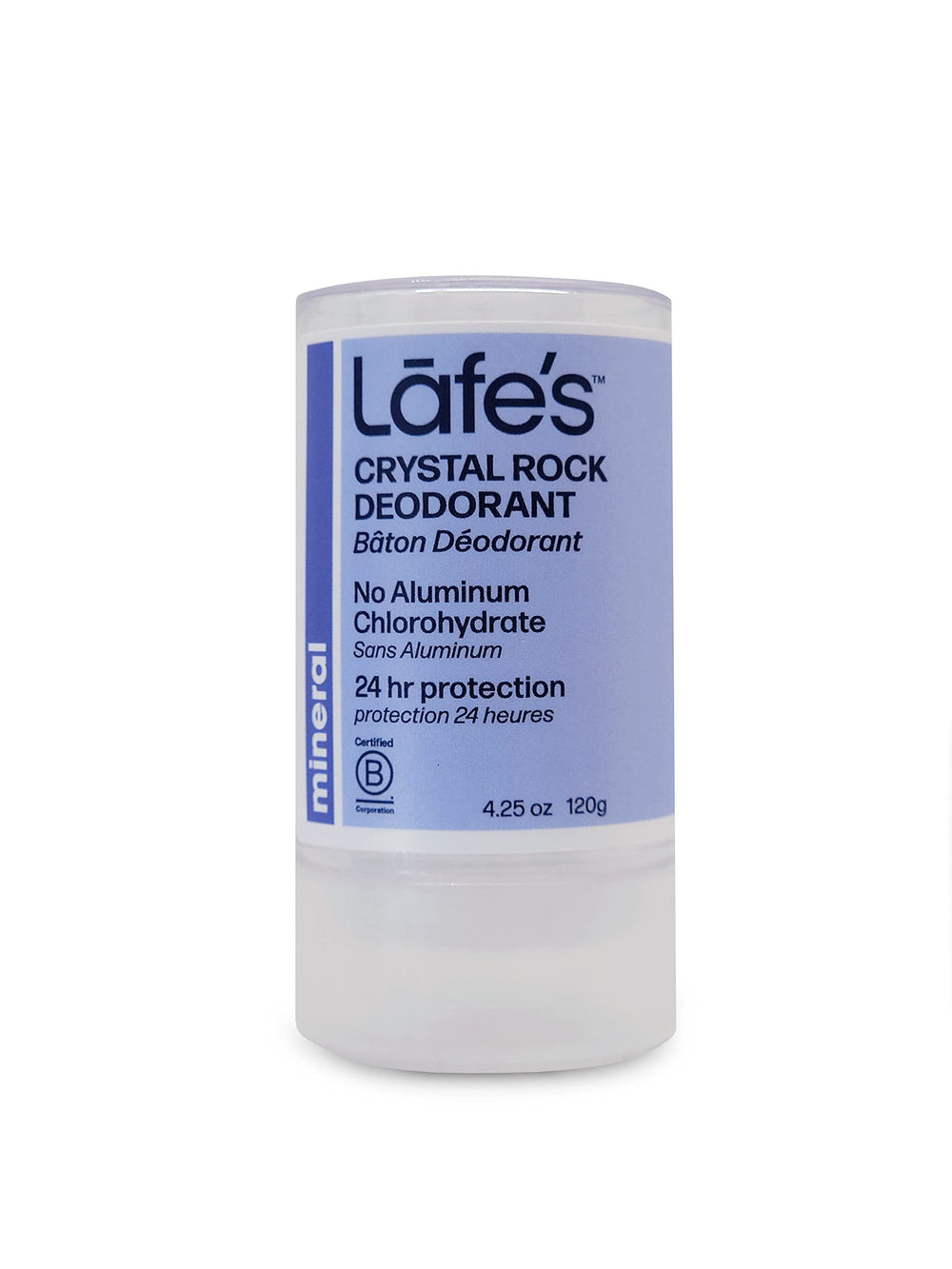 Desodorante cristal de Lafe's, frente del producto, protección natural 24 horas.