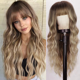 Peluca Lativ rubia con franja ondulada ombre, 26pulgadas, frente natural para diario.