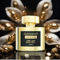 Lattafa Confidential Private Gold, fondo cálido de almizcle, vainilla y sándalo para largas veladas.