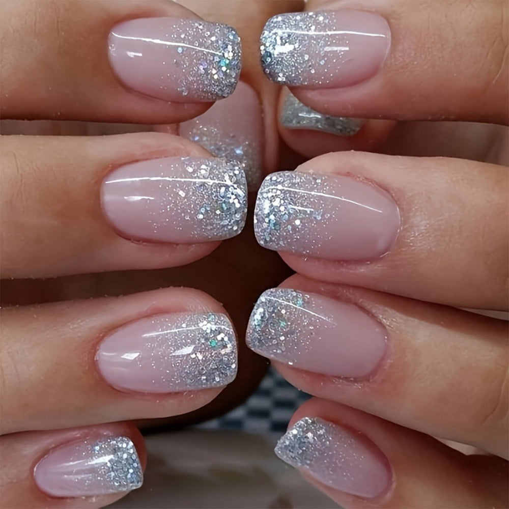LBPEPAMZ Uñas Francesas Glitter Plata, acabado corto y cuadrado para un look elegante.