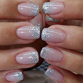 LBPEPAMZ Uñas Francesas Glitter Plata, acabado corto y cuadrado para un look elegante.