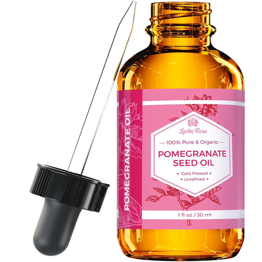 Leven Rose Pomegranate Oil bottle close-up, pure antioxidant-rich formula for skin and hair nourishment.