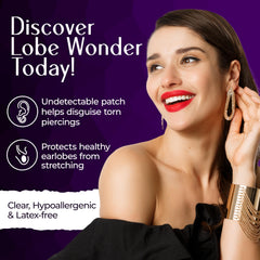 Lobe Wonder muestra cerca el parche en lóbulo, evita estiramiento al lucir aretes.