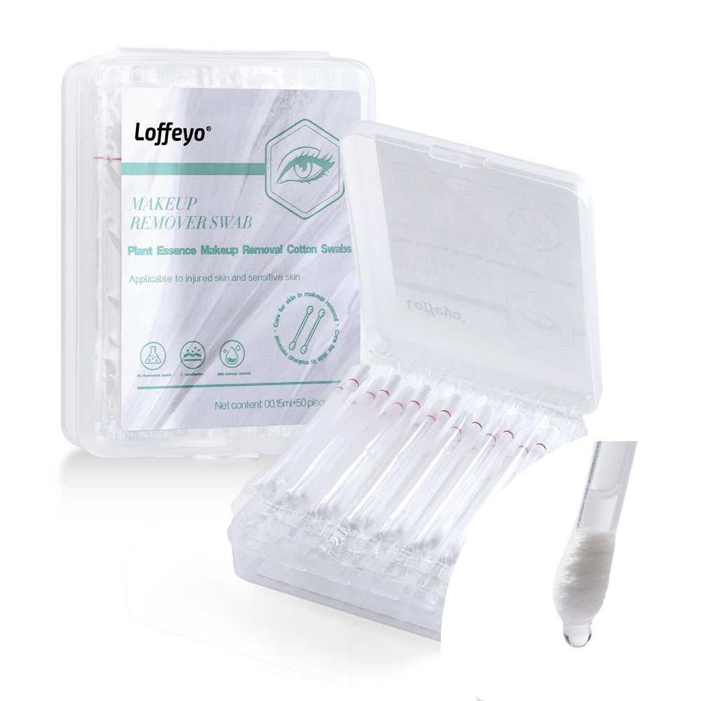 Loffeyo: hisopos desmaquillantes de 50 unidades, empaque compacto para retoques diarios.