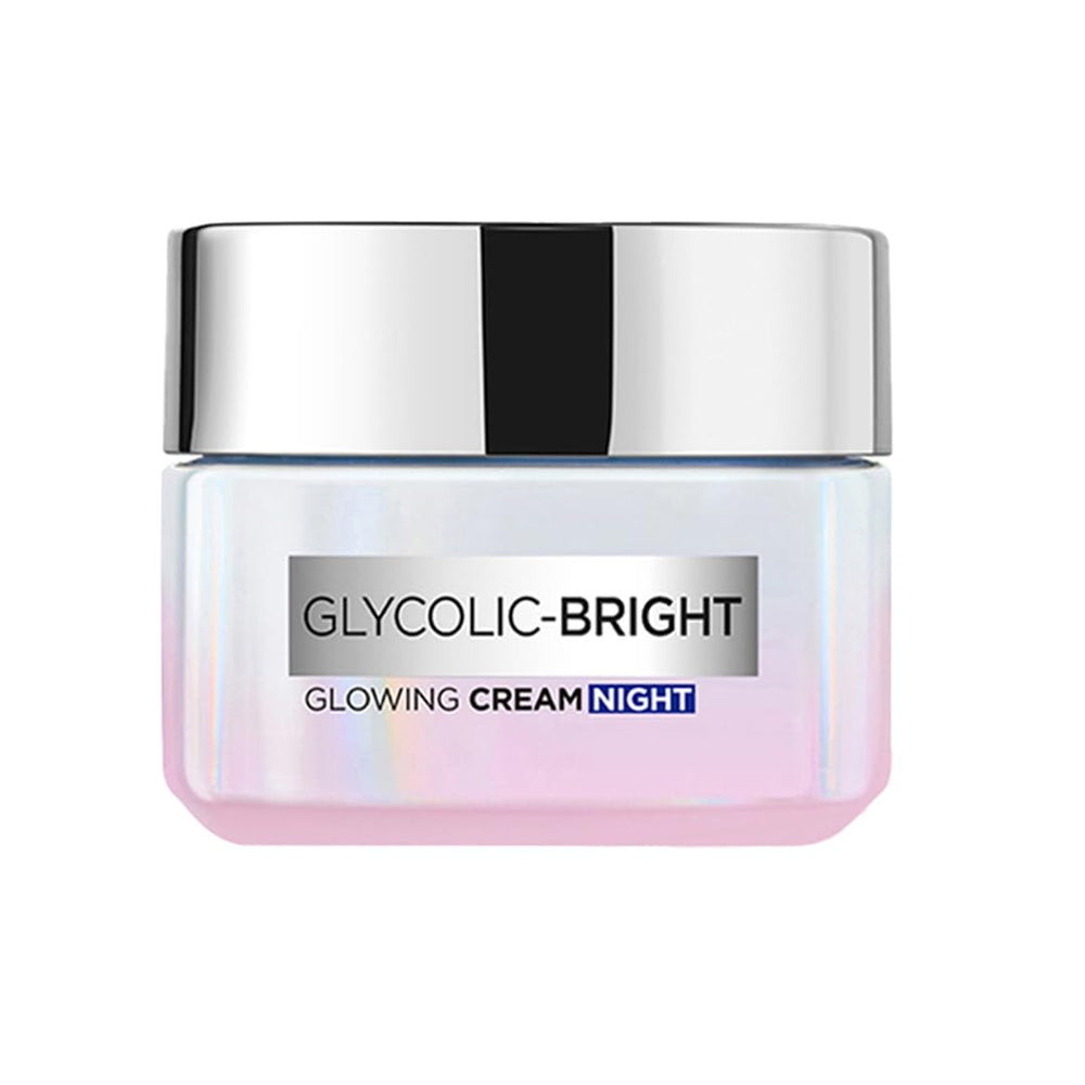 L'Oreal Paris crema nocturna con ácido glicólico, envase cómodo para uso diario.