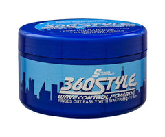Luster's S-Curl 360 Wave Control Pomade, envase frontal, ayuda a definir ondas con brillo natural.