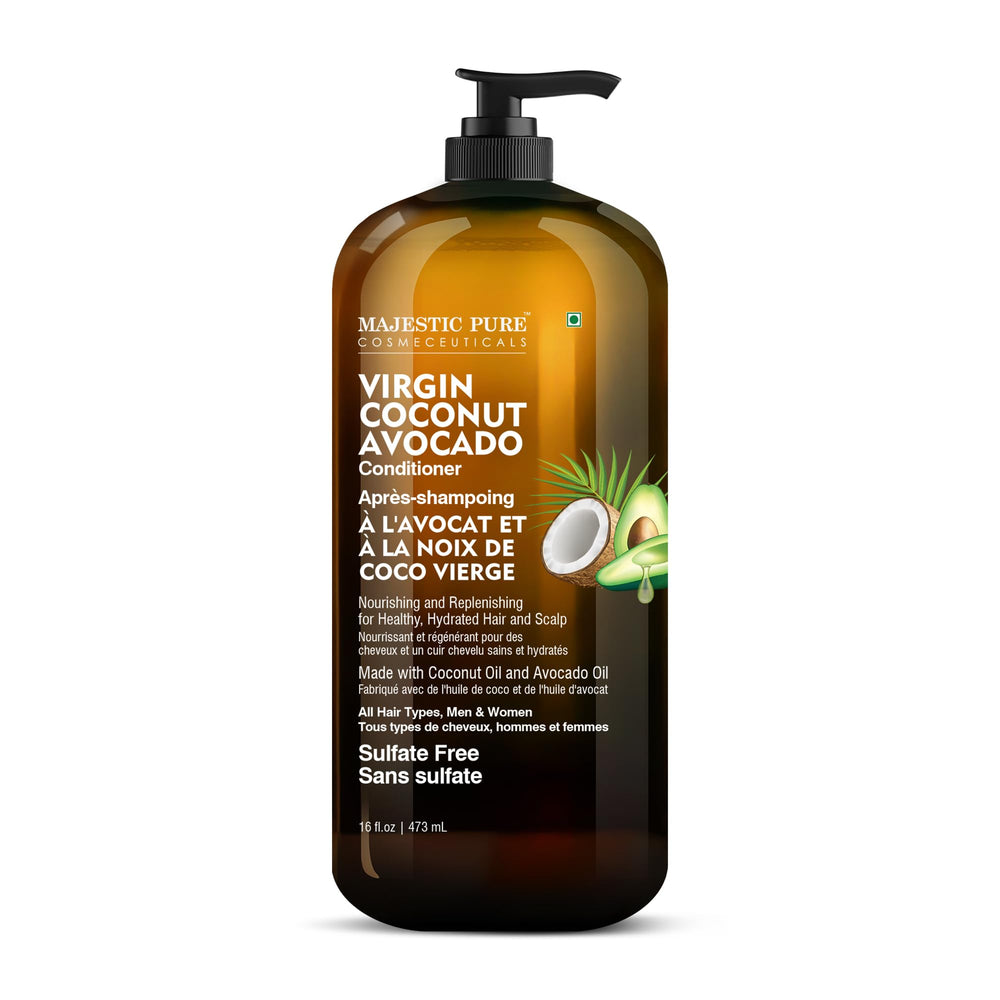 Majestic Pure Acondicionador Aguacate-Coco, botella visible, hidratación diaria para el cabello.