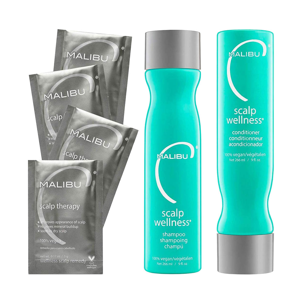 Malibu C champú wellness para cuero cabelludo, limpieza suave y sensación fresca.