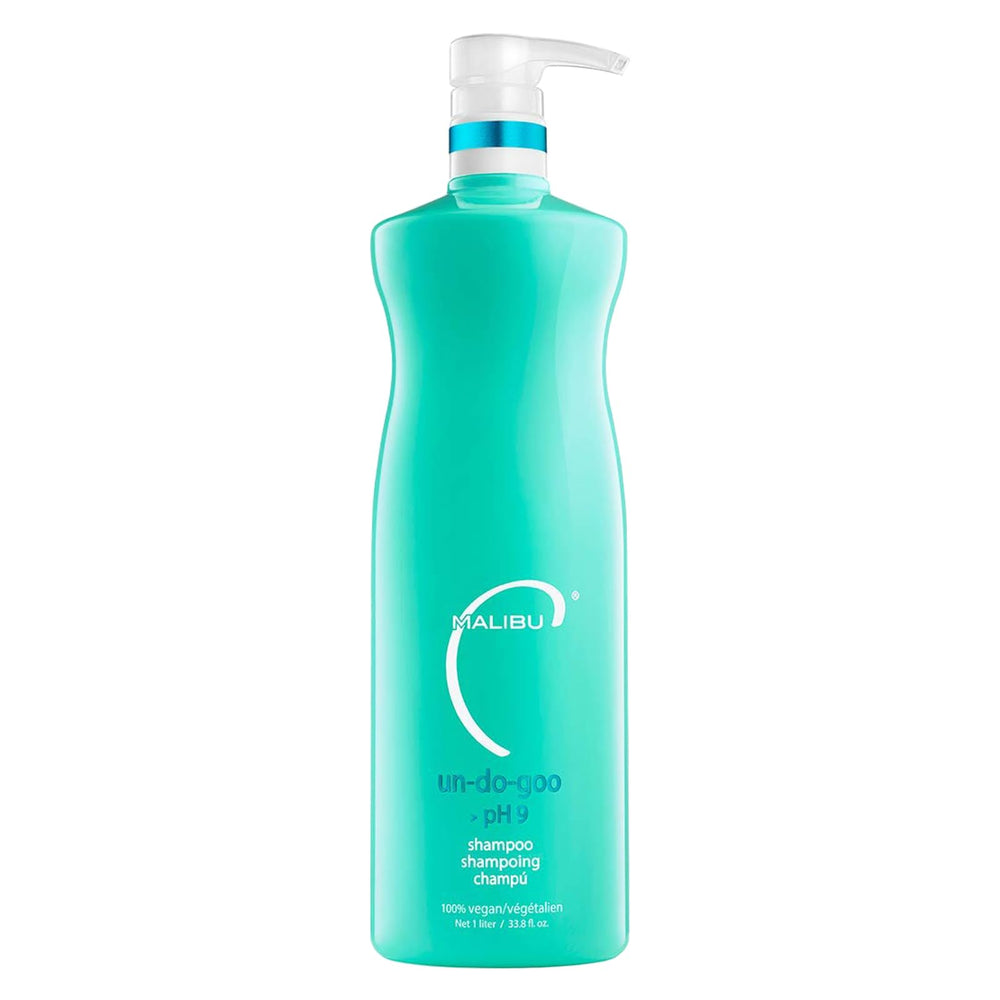 Malibu C Un-Do-Goo champú clarificante, botella destacando eliminación de residuos de peinado.