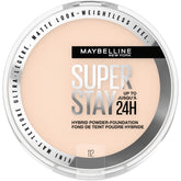 Maybelline funda-polvo híbrida mate 24h uniforme la piel con cobertura duradera.