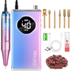 Lima eléctrica Melodly a 40,000 revoluciones por minuto para manicura rápida y suave.