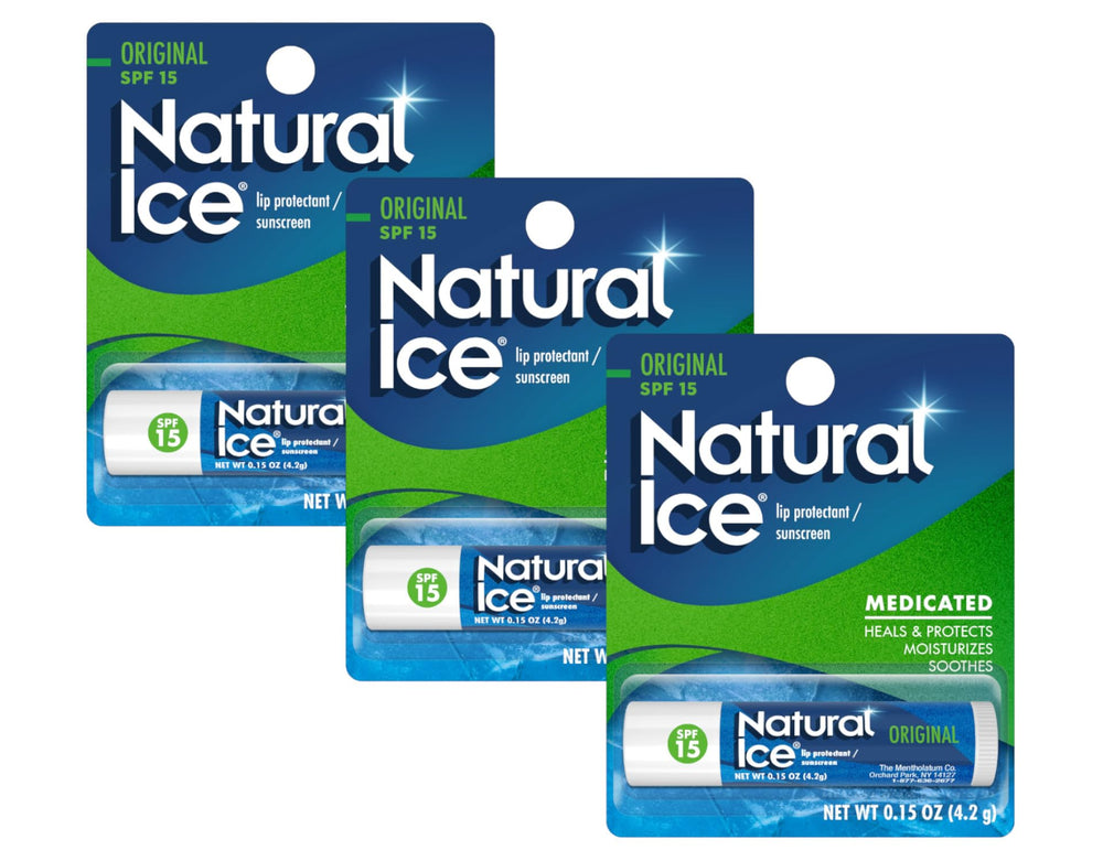 Mentholatum Natural Ice Original SPF 15, paquete de 3, protección labial diaria.