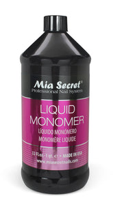 Mia Secret líquido monómero en botella con cierre seguro para evitar fugas.