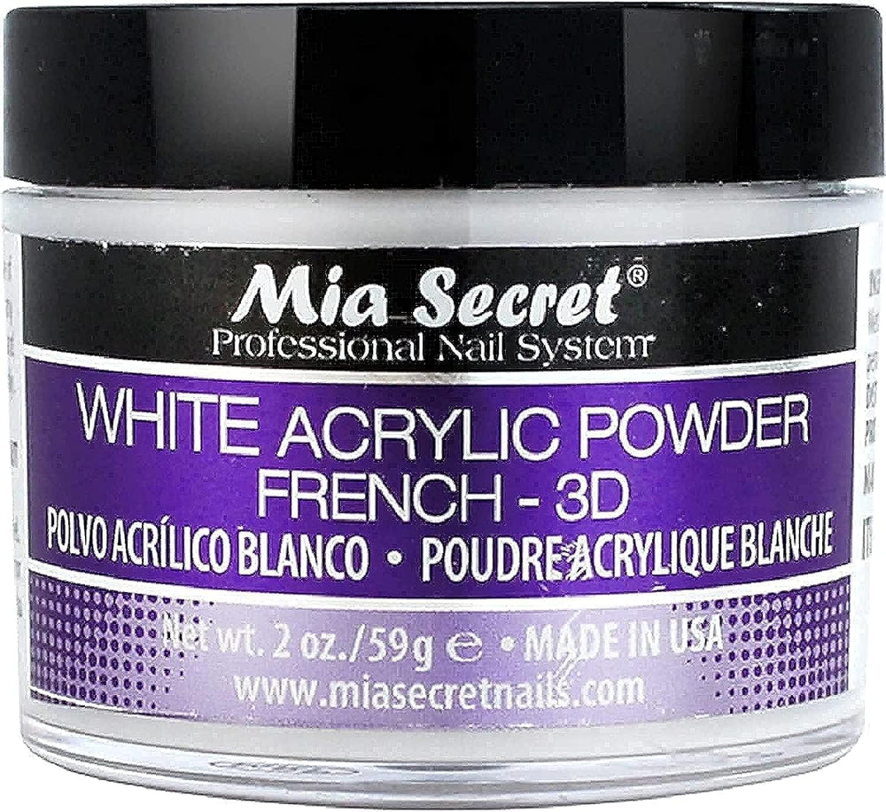Polvo acrílico blanco de Mia Secret para uñas, ideal para cobertura uniforme.